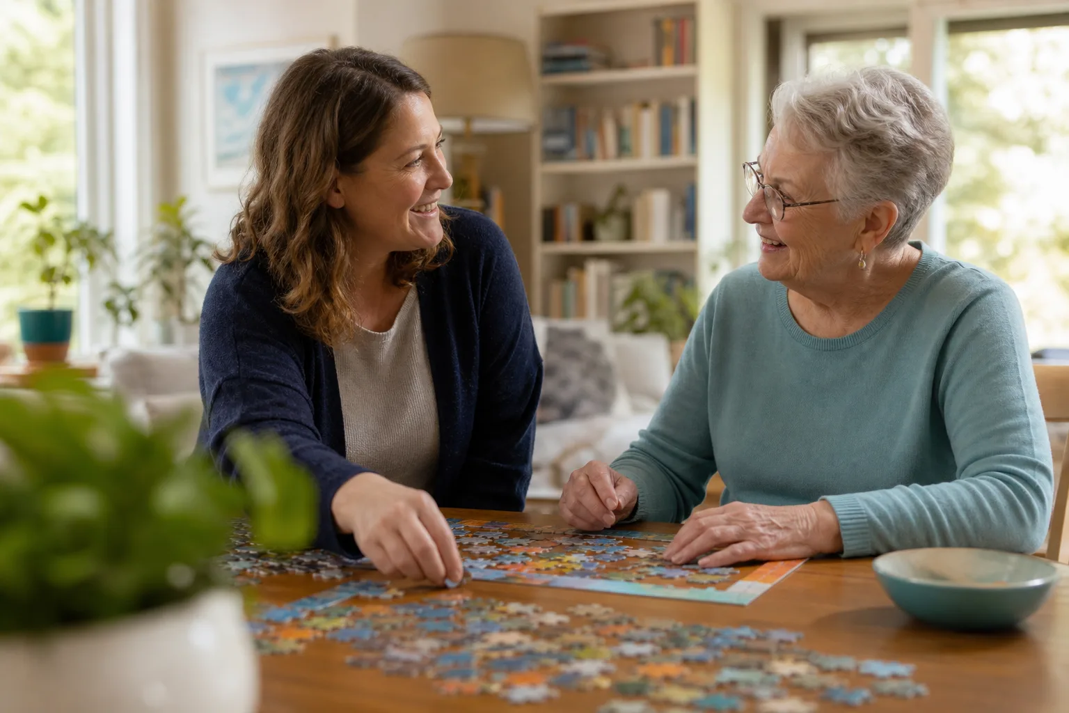 A caregiver and older adult enjoying a puzzle and conversation
