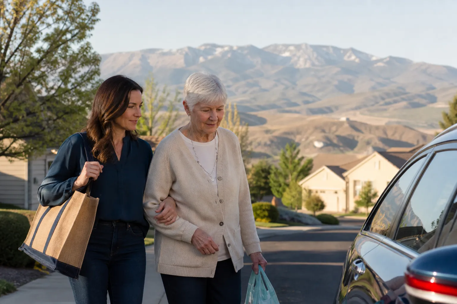 A caregiver accompanying an older adult after an errand