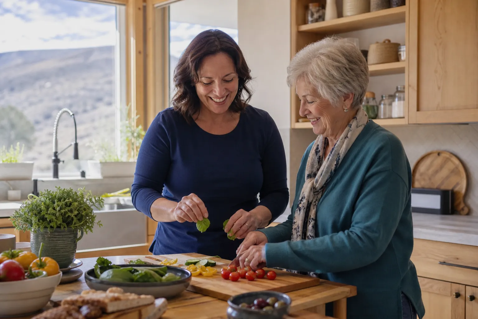 A caregiver and older adult preparing a meal