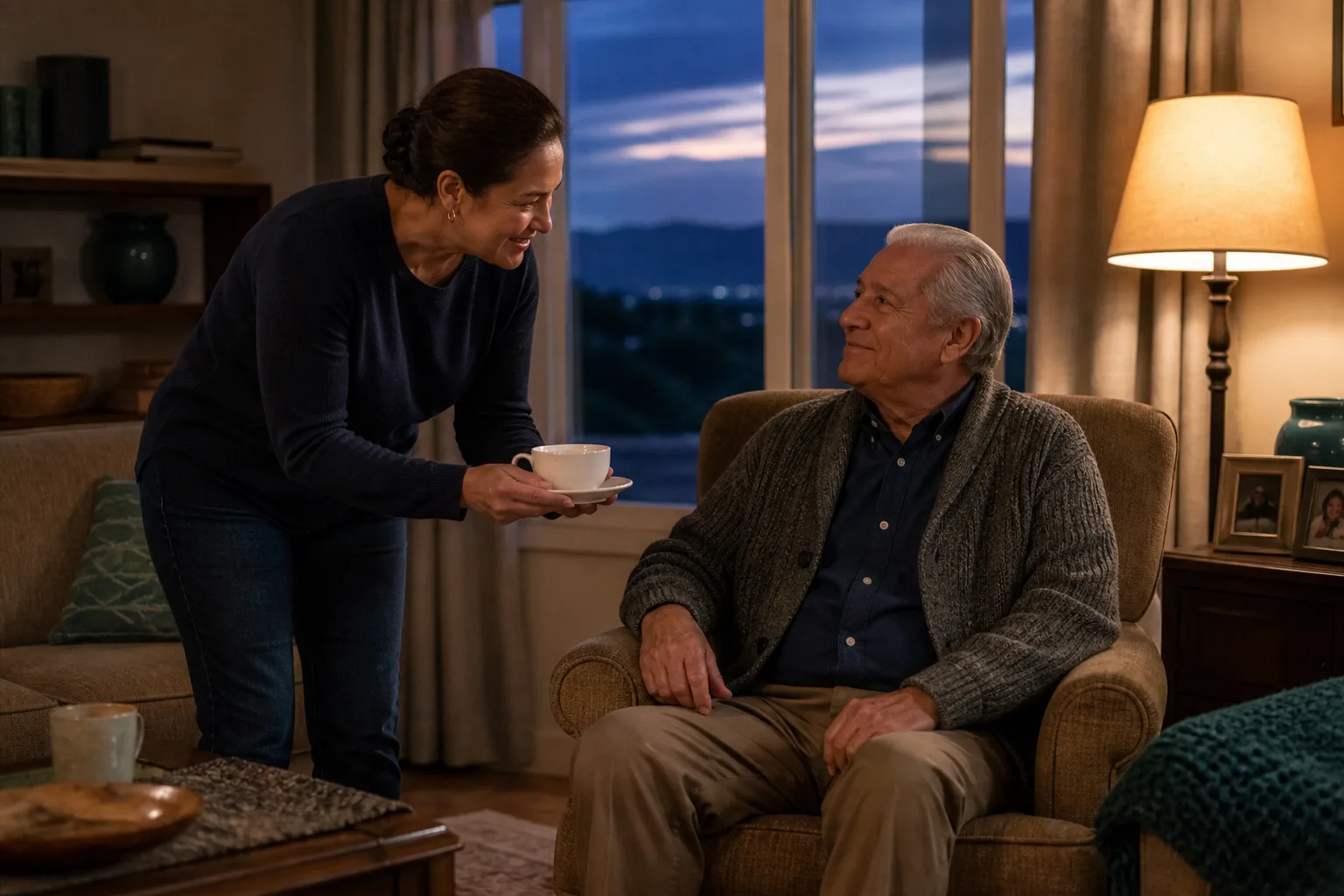 A caregiver supporting an older adult during a calm evening at home