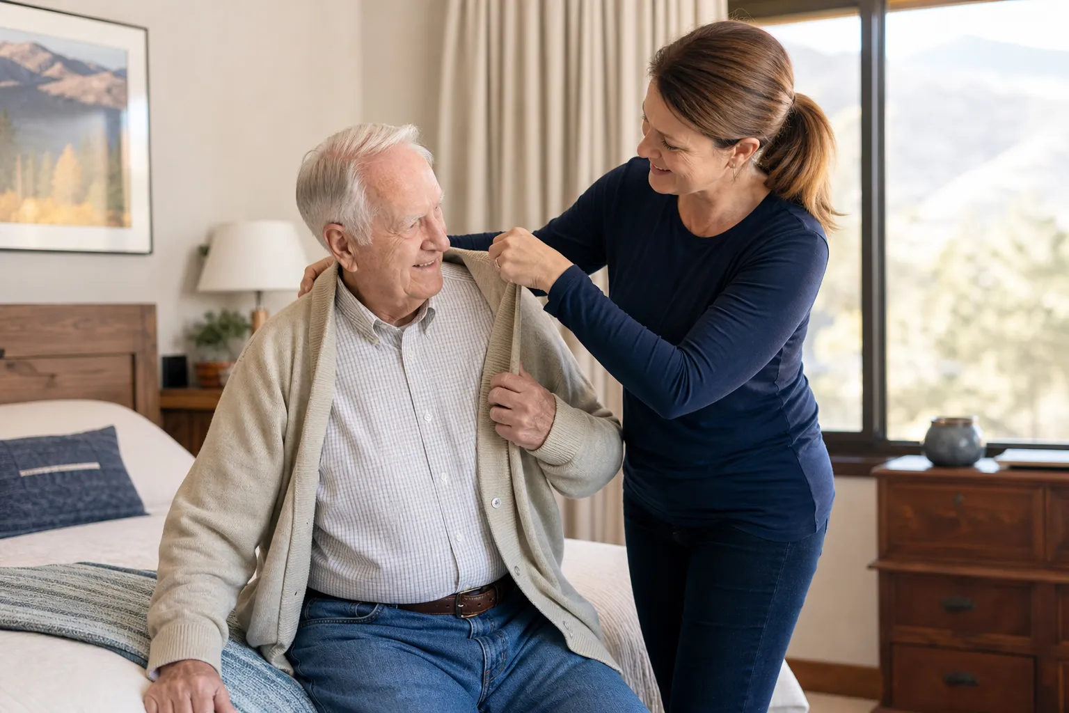 A caregiver respectfully helping an older adult at home